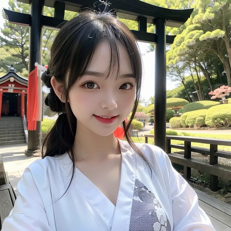 
highest quality, High resolution, (Realistic:1.2), 1 beautiful Japanese girl, Happy smile, High definition eyes, (Large eyes with thick, well-defined double eyelids:1.4), Droopy eyes, Dimples, Black Hair, Updo, Slender body, Small breasts, Traditional Japanese Kimono, Japanese Shrines, torii, noon, Bright light, 