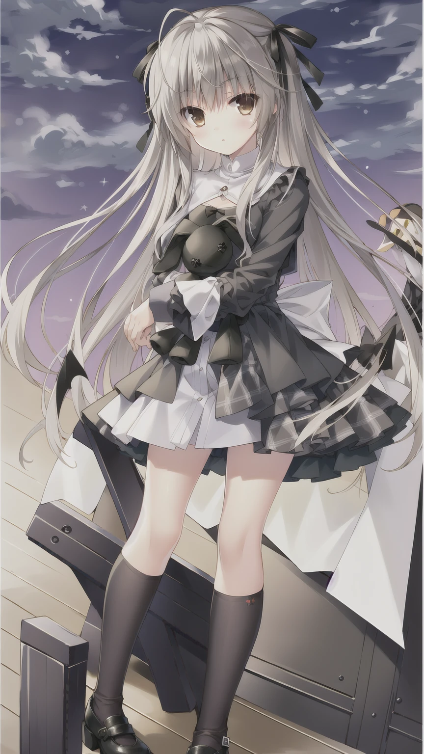 ((masterpiece:1.4, best quality)) ,Kasugano Sora,1 cool girl,Brown eyes,Plush Toys,Stuffed Animals,stuffed bunny,,Happy,eternal,Black knee-high socks Jane Shoes,,Black check scarf,Halloween,Halloween南瓜,Little devil dress-up,night