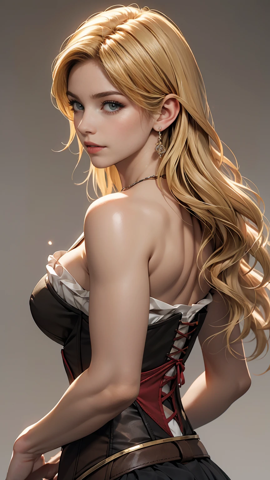 One girl, alone, View your viewers, Blonde long hair, Wearing a corset, Big Ass, Brown eyes, Upper Body, Gray background, Normal , lips, Realistic, a konigsreuter