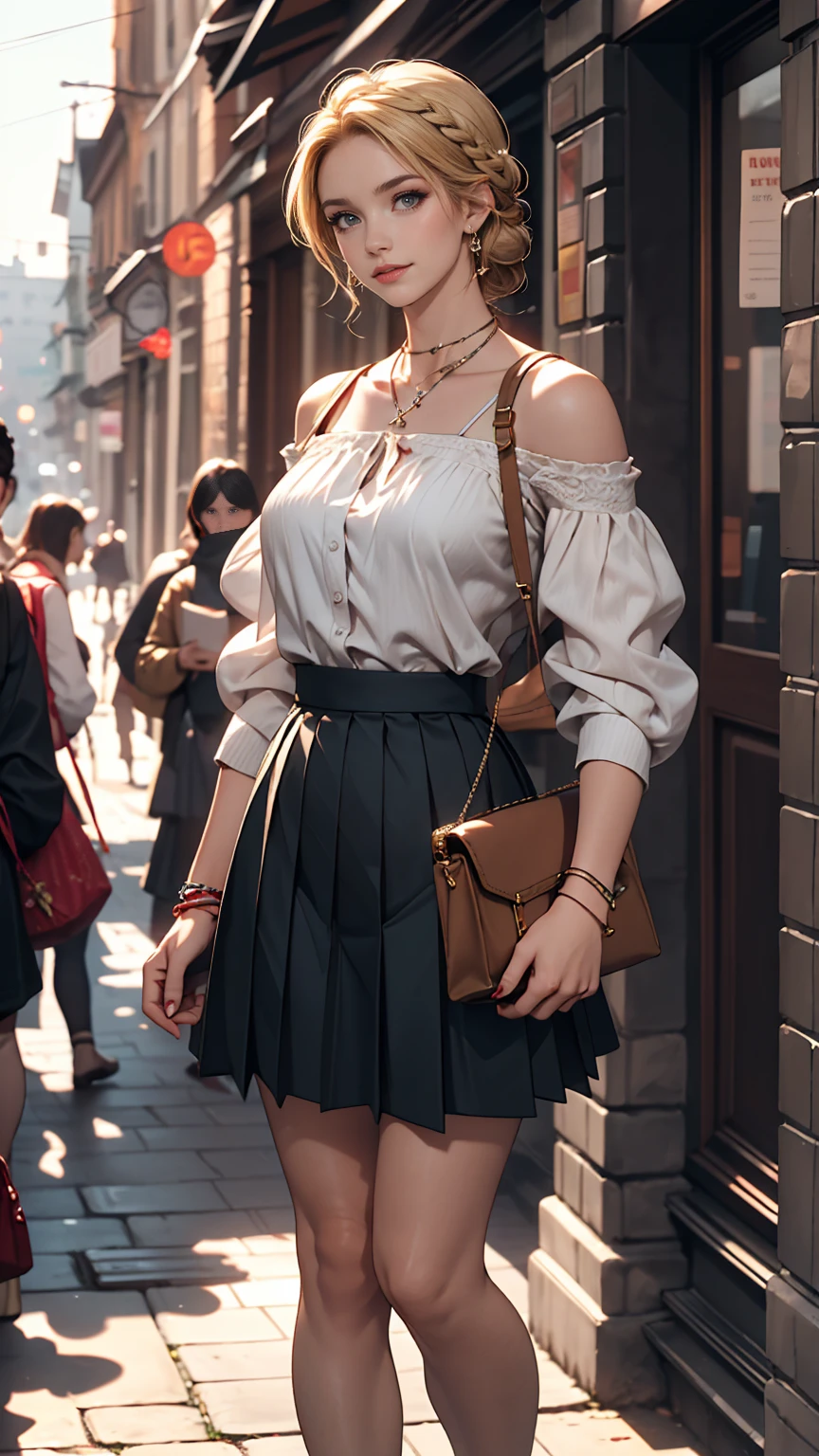 ((最high quality, 8K, masterpiece: 1.3, Ultra HD, high quality, 最high quality, High resolution, realism)) 、A 22-year-old extremely beautiful white woman、Hair color blonde、blue eyeedium Hair、Straight Hair、smile、Slender but well-proportioned body、Background blur((depth of field))、aerial perspective((atmospheric perspective))、I want my head to stay off screen、Wearing accessories on the wrist、Put an anklet on your ankle、Wearing red nail polish、I have a peticure、French style braid((french braid))、Wear a high-neck top、Drawstring sleeves and shoulders((drawstring shoulder))、Pleated Skirt((pleats skirt))wear、ローヒールをwear、Carry a handbag over one's shoulder、Cross one's arms、Leaning against the wall of a brick building in the old town、The ground is paved with stone