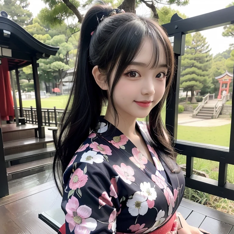 
highest quality, High resolution, (Realistic:1.2), 1 beautiful Japanese girl, Happy smile, High definition eyes, (Large eyes with thick, well-defined double eyelids:1.4), Droopy eyes, Dimples, Black Hair, Updo, Slender body, Small breasts, Traditional Japanese Kimono, Japanese Shrines, torii, noon, Bright light, 