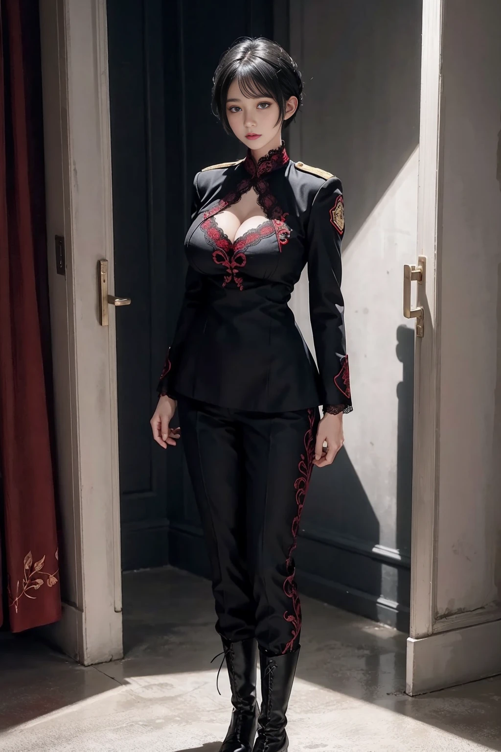 ((1 Full body single woman)) ,(Shooting from front and middle), looking at the camera, centered image, tmasterpiece，A high resolution, Absolutely beautiful, facing to the camera, Tall and fit body，(big breast : 1.3), white short hair with updo, red colored uniform, (full coverage red lace uniform, Embroidery uniform, decorated uniform and pants, Exquisite details of the uniform and pants, black lace stockings, warrior, black gloves, show black boots, (lace) uniform, allure：white hair, short hair (hair behind the body), young adult,（Tall：1.5），Rich scene detail，In the midst of the war，standing.