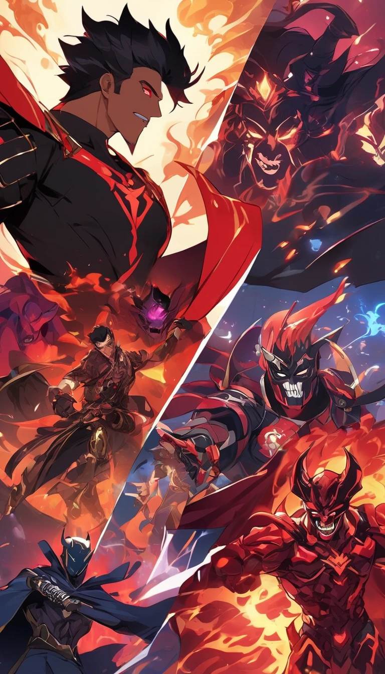 About Energy Man、Dark supervillain、Shapeshifter、Shapeshifter、Epic animation of superheroes、《Devil God》、、《god of demons》、、《god of demons》、《Dark God》,《Violent Skeleton Knight Armadura Negra》,Red eyes,Red tattoo on the face,Black hair,douchebag,Bad Guy,