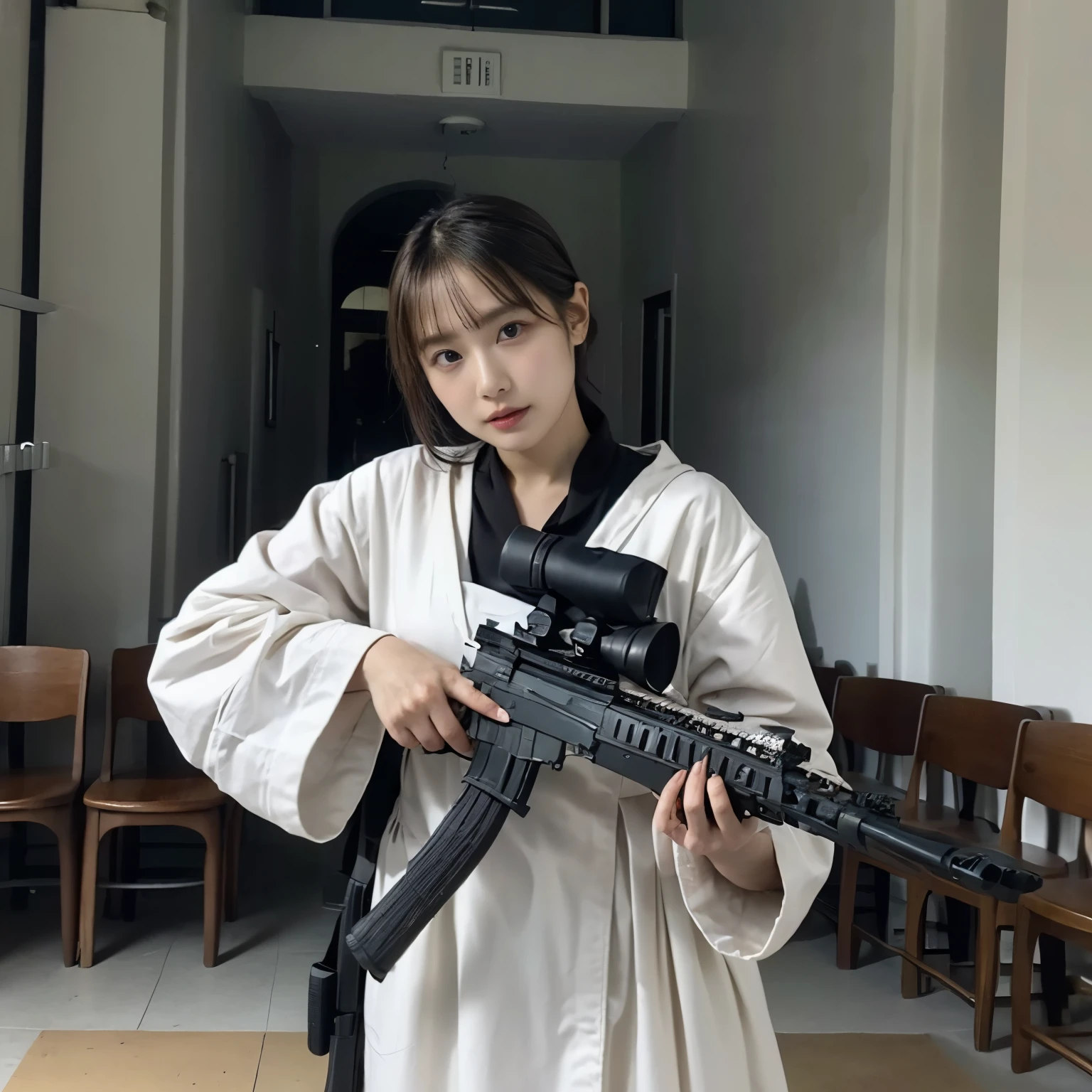 A beautiful nun、Wearing a monk's robe:1.3、Cowboy Shot、Big Breasts、(Skinhead:1.5)、(Aiming the Groza assault rifle at the viewer:1.67)、Standing at the altar of the chapel