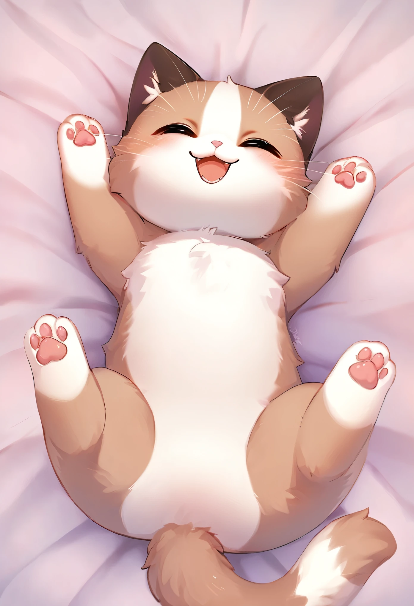 best quality, kitten lying on its back, cute pose, cute face