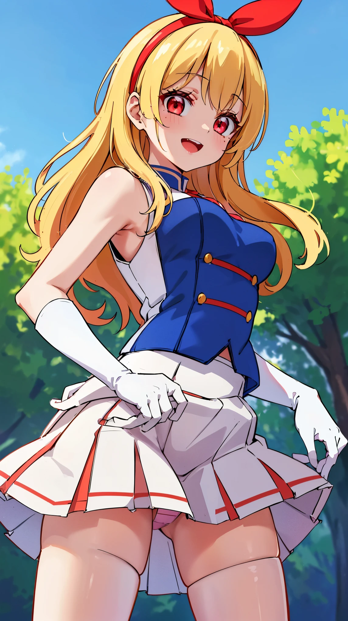 (red ribbon on hairband:1.2),masterpiece, best quality, highres, 1girl, solo, Blonde hair, RED eyes, mole under eye, band uniform, sleeveless, white gloves, pleated skirt, knee boots, cowboy shot, hand on hip, smile, open mouth, outdoors ,((((skirt lift)))),((red color panty)),(pointy_panty,from below),