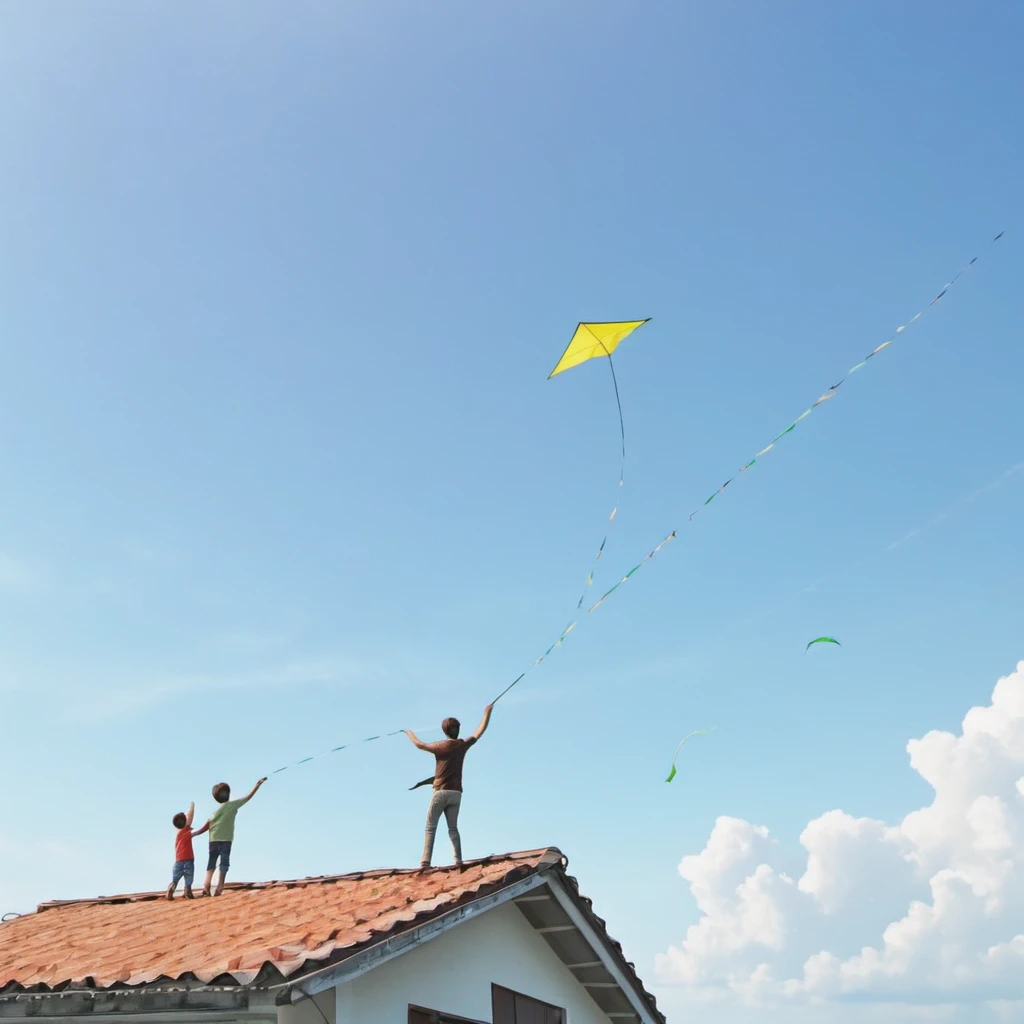 A father and young son ( 8) flying a kite while standing on the roof of their house