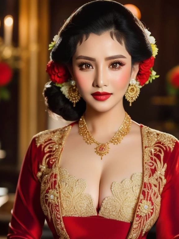 large breasts, cleavage, photography, woman,  portrait of java wedding woman in red long kebaya dress traditional, red lipstick, golden necklace, earrings, ornate, detail, flowers, look at viewer,