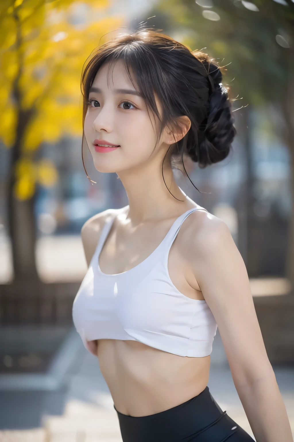 masterpiece, Best quality, Ultra-high resolution, High detail photos, Unity 8K Wallpaper, Extremely detailed CG:1.2), Depth of Field, Bokeh, (original photo:1.Realistic Photography:1.4), (1 Girl:1.5), young, Chinese Girl, whole body照, Physically based representation, fair, (Exquisite facial details:1.4, Detailed clothing, Tie your hair into a bun), (detailed:1.4) named (Hidemi Fukada:1.1) rest Cara hermosa, Depth of Field, Add layer, hyper-realistic, , Perfect body model, Perfect breasts, Height 165 cm, Strike sexy poses, whole body, whole body, Dancer body type, rest (White tight cropped top, Black leggings:1.3), (long hair:1.2), doble parpado rest garden, Smile, (From below:1.5), Stick your butt out, Turbulent posture, Nipple protrusion, Nipple protrusion, Nipple protrusion, Small seam recessed, , , Running Water, Running Water