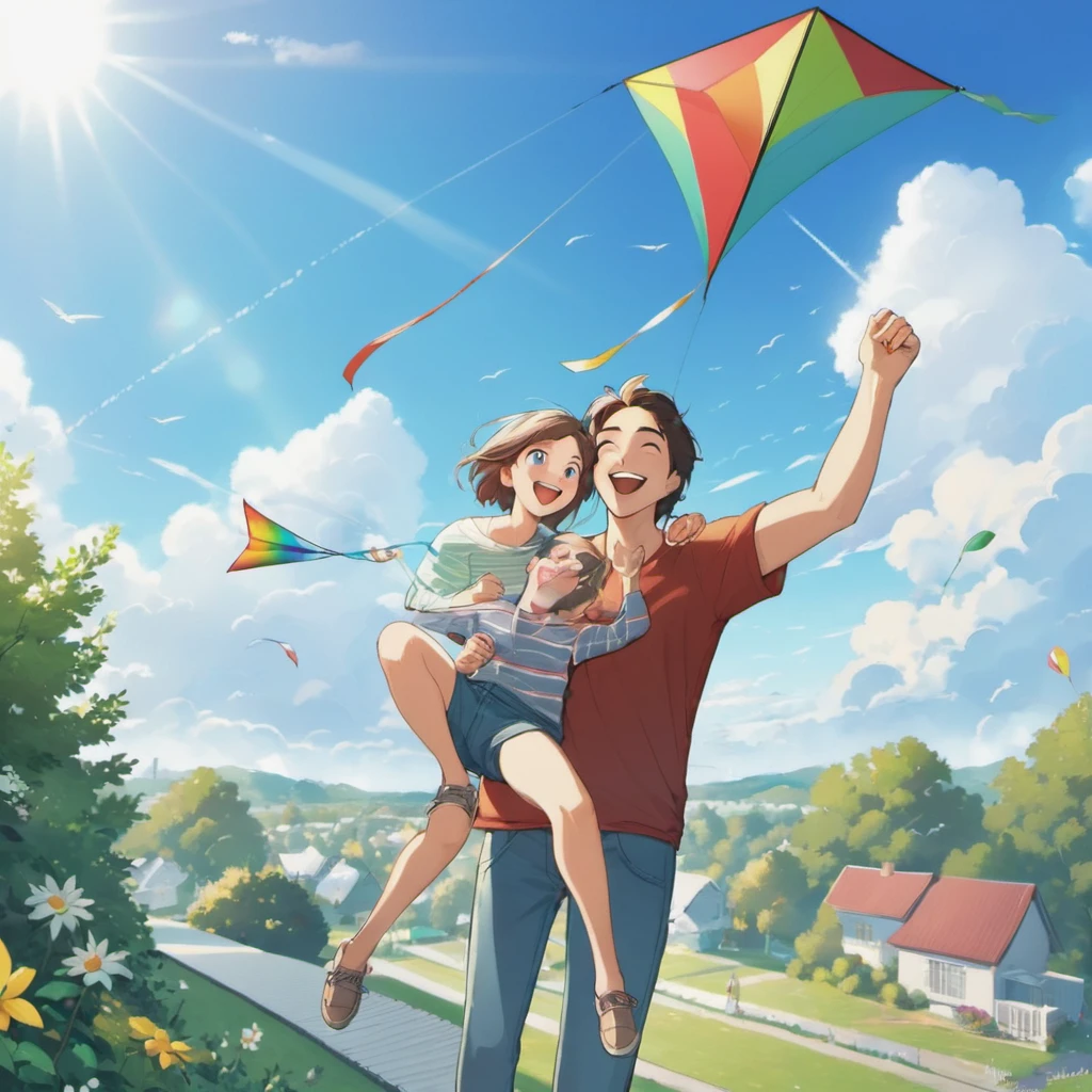 a father and young son,flying a kite,standing on the roof of their house,beautiful sunny day,green garden below,gentle breeze,joyful expressions on their faces,vibrant colors,realistic lighting,high resolution,strong bond between father and son,happy childhood memories,rooftop view of the neighborhood,fluffy white clouds in the sky,playful movements,carefree atmosphere,striking composition,intense blue sky,surrounded by tall trees,peaceful surroundings,excitement in the air,wind blowing through their hair,perfectly shaped kite,laughing and shouting with delight,seamless connection between father and son,adventurous spirit,bright and cheerful atmosphere,endless possibilities in the open sky,memorable family moment,deep connection with nature,awe-inspiring sight of the soaring kite,captivating perspective.