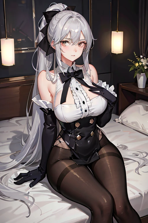 （（（1个Giant Breast Girl）），Ray traching，（dim murky lights），[detailedbackground（Bedrooms）），（（Silvery hair）），（（Silvery hair）），（（（（（Fluffy silver hair，plump and slender girl））Wears a high ponytail）））Avoid golden eyes in the ominous bedroom（（（（Girl wearing intricately embroidered black high-waisted pants with pantyhose）There are also white ruffled bow gloves），It shows a delicate and slender figure and beautiful curves，Correct limbs，sit on a bed，Have sex with another man