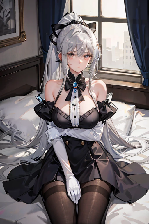 （（（1个Giant Breast Girl）），Ray traching，（dim murky lights），[detailedbackground（Bedrooms）），（（Silvery hair）），（（Silvery hair）），（（（（（Fluffy silver hair，plump and slender girl））Wears a high ponytail）））Avoid golden eyes in the ominous bedroom（（（（Girl wearing intricately embroidered black high-waisted pants with pantyhose）There are also white ruffled bow gloves），It shows a delicate and slender figure and beautiful curves，Correct limbs，sit on a bed，Have sex with another man