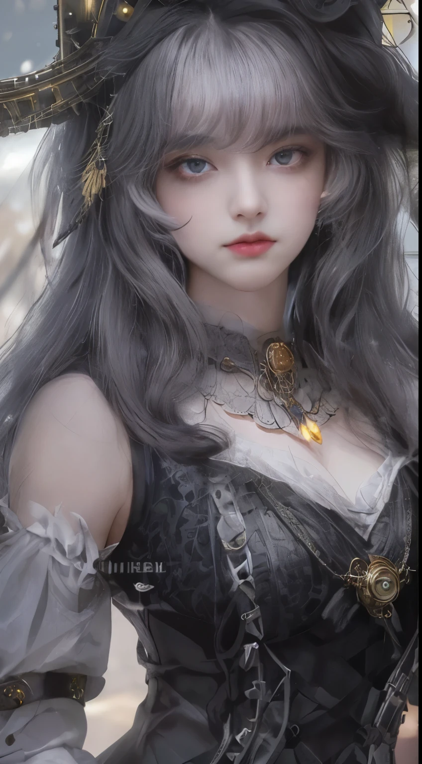 (((Masterpiece, top quality, ultra-detailed))), (((1 Infinity Mage Girl))), 14 years old, (((very detailed face))), small thin nose, small thin-lipped mouth, (((very true to life sharp focused eyes))), (((very large slit precision pale grey eyes, sparkling like jewels))), Very long eyelashes, ((Very thick fringes, long black hair in vertical curls))), (((Very dramatic and dark lighting))), ((Steampunk fashion, Gothic Lolita fashion)), ((Incredible quality photorealistic)).