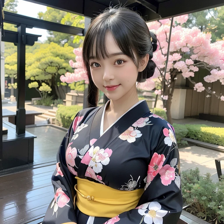 
highest quality, High resolution, (Realistic:1.2), 1 beautiful Japanese girl, Happy smile, High definition eyes, (Large eyes with thick, well-defined double eyelids:1.4), Droopy eyes, Dimples, Black Hair, Updo, Slender body, Small breasts, Traditional Japanese Kimono, Flower pattern kimono, Japanese Shrines, torii, Zen, noon, Bright light, 