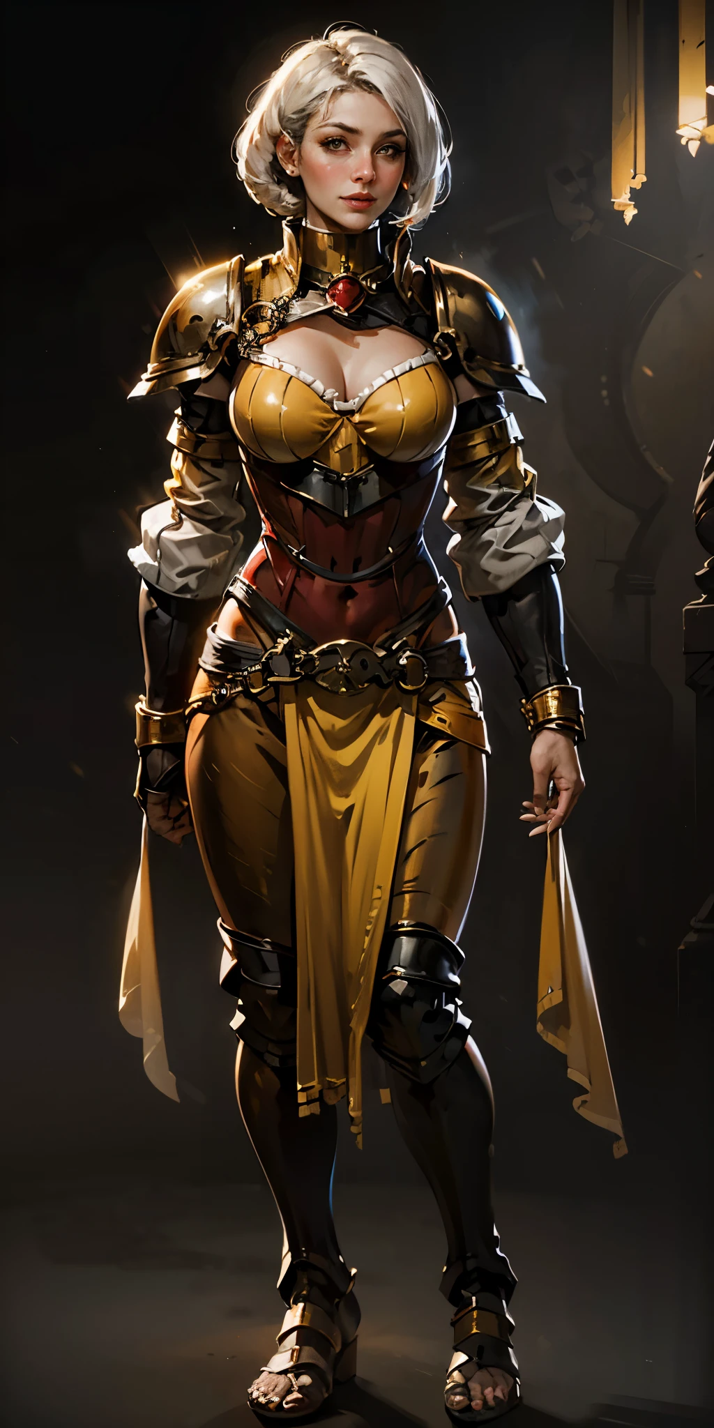 ((BLACK BACKGROUND:1.2, Masterpiece)) (Forest:Face:LORA) (red blushed, red cheeks)1solo female full body MILF BIMBO standing straight symmetrical with two long thighs and two metal sandals, red eyes like rubies, eye focus looking to the viewer, silver white hair, short bob style hair, big knockers breastplate, breastplate, cleavage, tiara royal, long cape up to two feet, yellow bikini (yellow tiger stripes), lustful smirking smiling, smile face, pauldrons metal shoulders, gold sleeveless bracelets, separate sleeves, hands on waist hands OR hips, golden bracers, metal handcuffs, leather corset, red loincloth, black leather choker slave collar, shackles bracelets, slave red crest under navel, navel, big belt around waist OR hips, feet together, metal ankle, two long thighs and two metal sandals