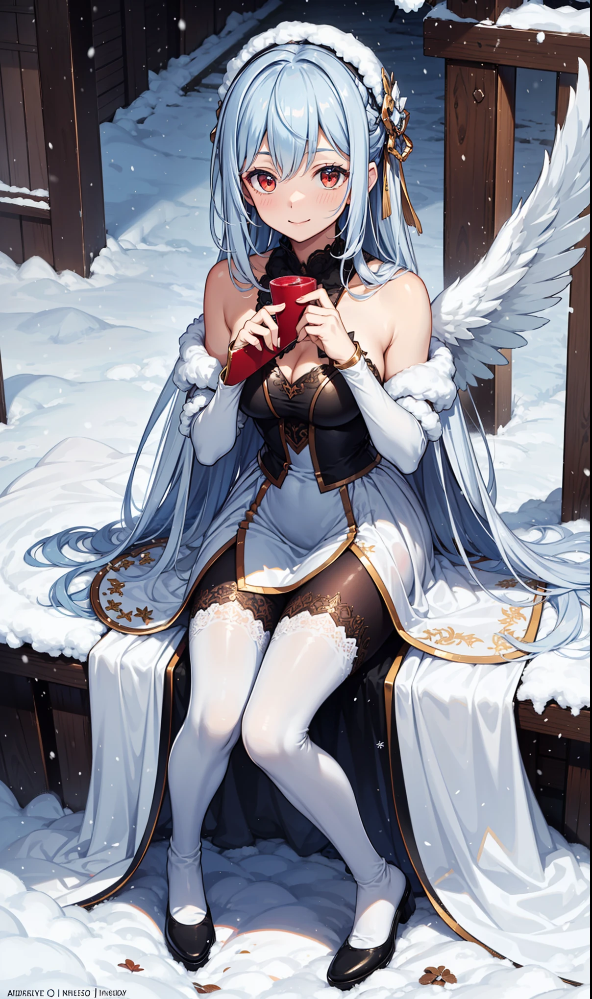 girl,Smile,in love,Moderate,(Red hollow dress long dress winter skirt),Translucent clothing,holy,Lilac skirt,beautiful pattern,sky blue pattern,snowy night,Transparent lace,Dress nicely,Sitting,The only person,Special hairstyle,Mythical courtyard,(night:1.1),blizzard,(Snowflakes flying),(Black long sling boots:1.1),Pantyhose,Delicate and beautiful face,Sitting,Playing in the snow,Red Eyes, Frosty white hair,Warm down
