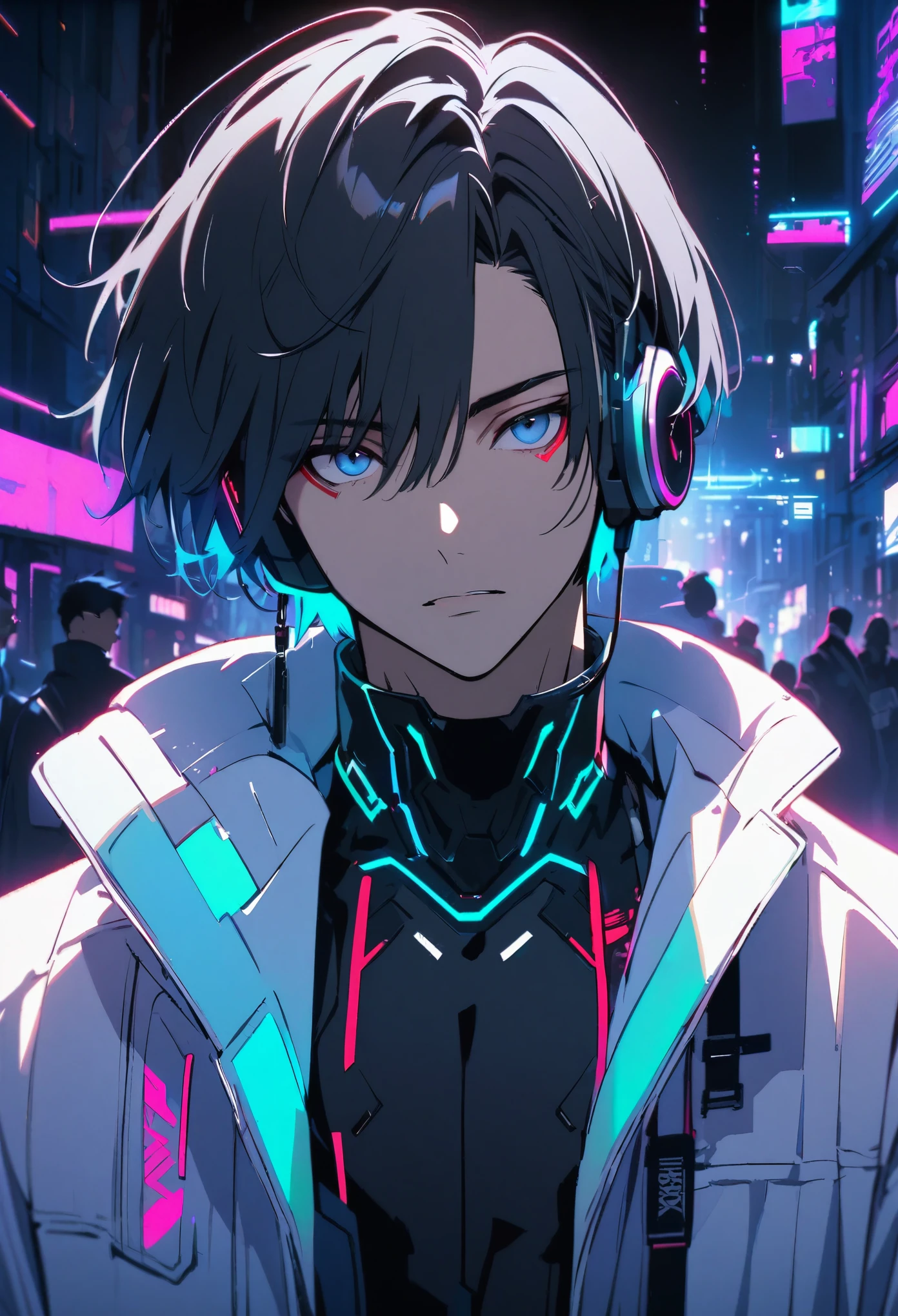 solo, handsome, 1 male, cyberpunk, white coat, short hair, black hair, neon, dark blue eyes, head phone