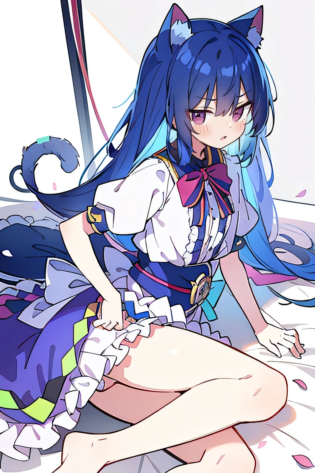 (Masterpiece), best quality, expressive eyes, perfect face, 1girl,
 Put your hands on your waist, fair, gorgeous, Japanese comics, girl, Lola, young angel, blue hair, blue hair, flowing clothes, hug the waist, hug the waist, hands on hips, hands on hips, lay down , lying on the ground, legs on the ground, flat chest, cat ears,Petals fall,dark blue eyes,