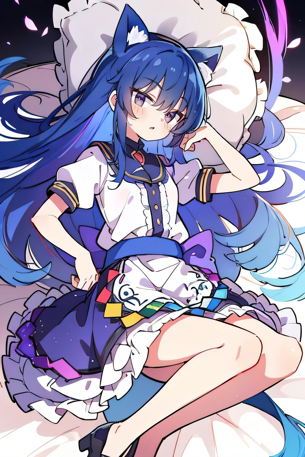 (Masterpiece), best quality, expressive eyes, perfect face, 1girl,
 Put your hands on your waist, fair, gorgeous, Japanese comics, girl, Lola, young angel, blue hair, blue hair, flowing clothes, hug the waist, hug the waist, hands on hips, hands on hips, lay down , lying on the ground, legs on the ground, flat chest, cat ears,Petals fall,dark blue eyes,