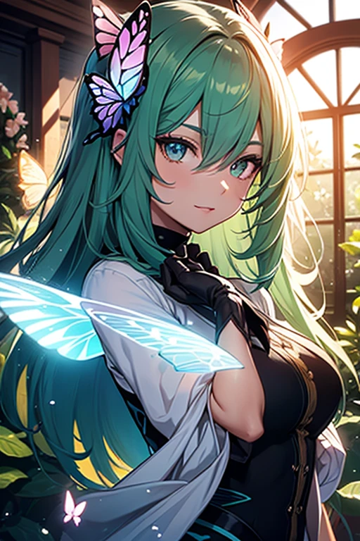 (masterpiece, best quality)),(detail face,perfect face),upper_body,bust,lol style,game cg,Dynamic angle,1girl,very_long_hair,green_hair,solo,fairy,glowing_butterfly,dancing,butterfly_hair_ornament,butterfly_wings,fairy_wings,animal,elbow_gloves,bird,in spring,(botanical garden:1.2),magic circles,moody lighting,(colourful glass),(complex background:1.1),bright,,glowing,illuminatio,particle effects,Balance and coordination between all things,