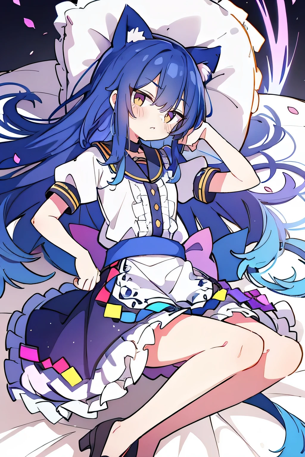 (Masterpiece), best quality, expressive eyes, perfect face, 1girl,
Put your hands on your waist, fair, gorgeous, Japanese comics, girl, Lola, young angel, blue hair, blue hair, flowing clothes, hug the waist, hug the waist, hands on hips, hands on hips, lay down , lying on the ground, legs on the ground, flat chest, cat ears,Petals fall,dark blue eyes,