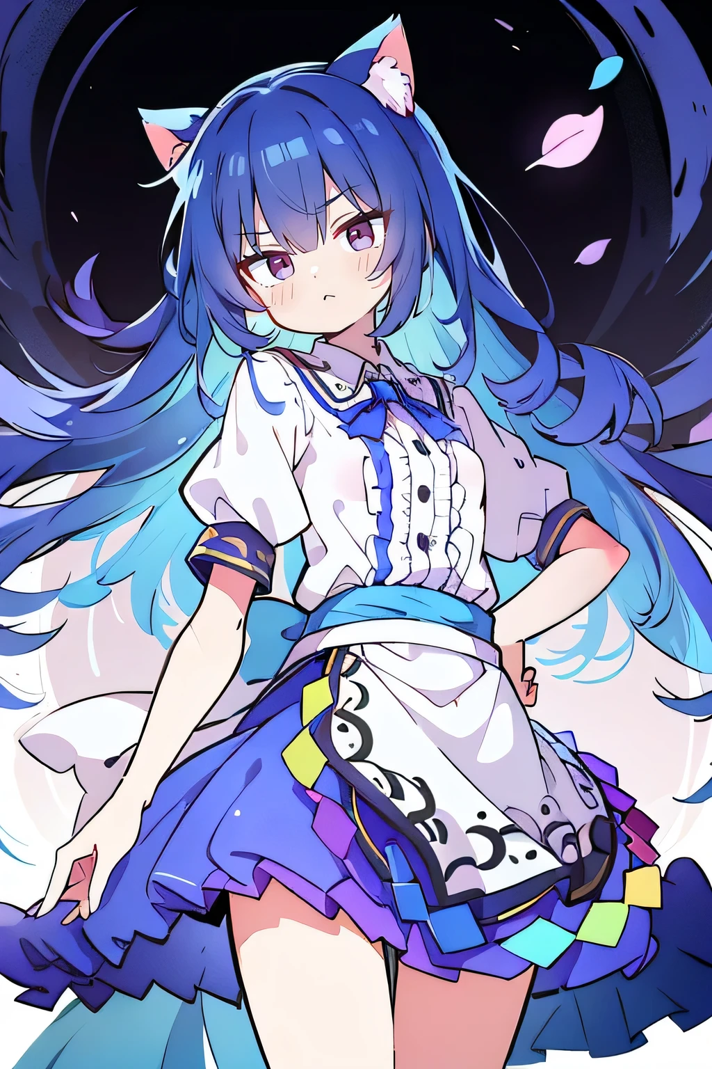 (Masterpiece), best quality, expressive eyes, perfect face, 1girl,
Put your hands on your waist, fair, gorgeous, Japanese comics, girl, Lola, young angel, blue hair, blue hair, flowing clothes, hug the waist, hug the waist, hands on hips, hands on hips, lay down , lying on the ground, legs on the ground, flat chest, cat ears,Petals fall,dark blue eyes,