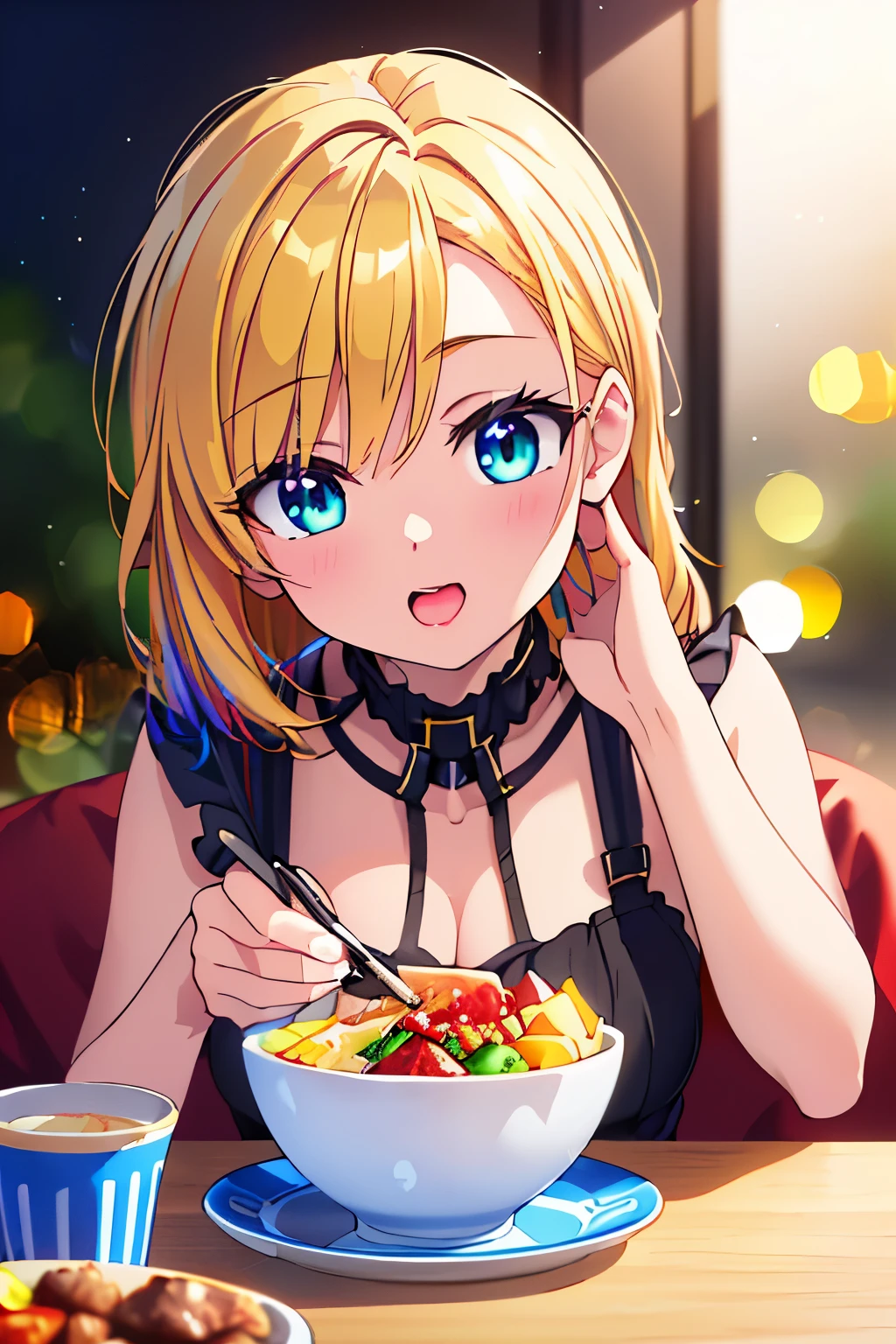 (best quality,4k,8k,highres,masterpiece:1.2), ultra-detailed,realistic,photorealistic:1.37, (HDR,UHD,studio lighting, ultra-fine painting,sharp focus, physically-based rendering, extreme detail description, professional,vivid colors,bokeh),chica comiendo