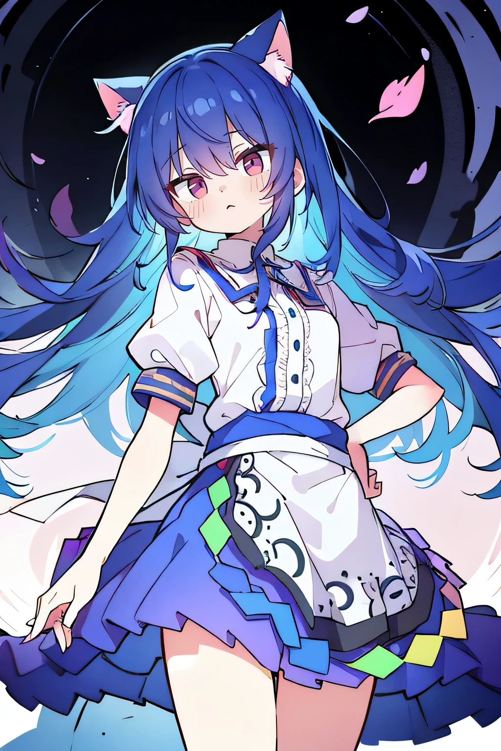 (Masterpiece), best quality, expressive eyes, perfect face, 1girl,
Put your hands on your waist, fair, gorgeous, Japanese comics, girl, Lola, young angel, blue hair, blue hair, flowing clothes, hug the waist, hug the waist, hands on hips, hands on hips, lay down , lying on the ground, legs on the ground, flat chest, cat ears,Petals fall,dark blue eyes,
