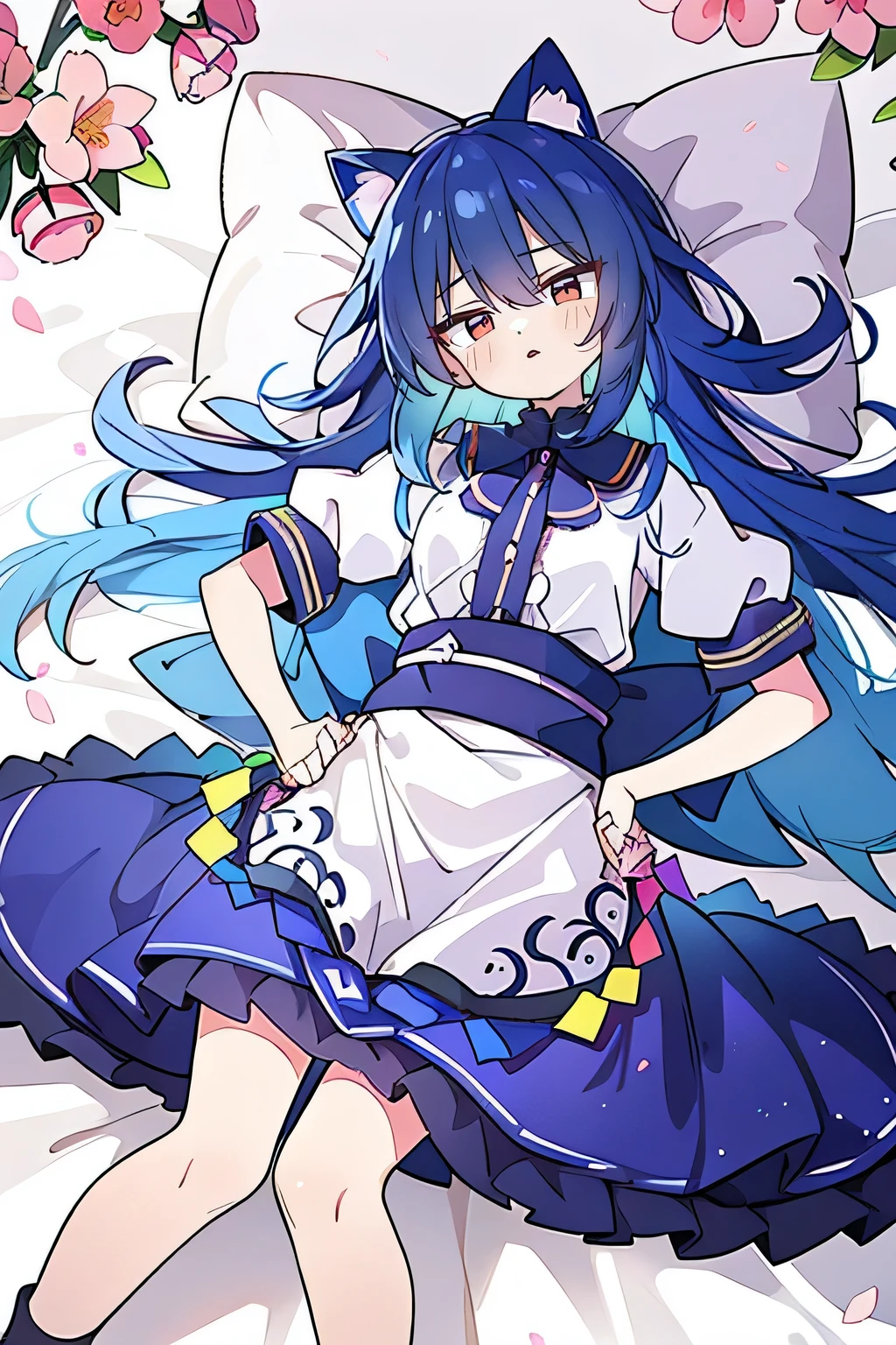 (Masterpiece), best quality, expressive eyes, perfect face, 1girl,
Put your hands on your waist, fair, gorgeous, Japanese comics, girl, Lola, young angel, blue hair, blue hair, flowing clothes, hug the waist, hug the waist, hands on hips, hands on hips, lay down , lying on the ground, legs on the ground, flat chest, cat ears,Petals fall,dark blue eyes,