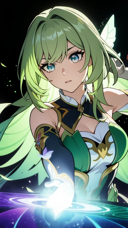 (masterpiece, best quality)),(detail face,perfect face),upper_body,bust,lol style,game cg,Dynamic angle,1girl,very_long_hair,green_hair,solo,fairy,glowing_butterfly,dancing,butterfly_hair_ornament,butterfly_wings,fairy_wings,animal,elbow_gloves,bird,in spring,(botanical garden:1.2),magic circles,moody lighting,(colourful glass),(complex background:1.1),bright,,glowing,illuminatio,particle effects,Balance and coordination between all things,
