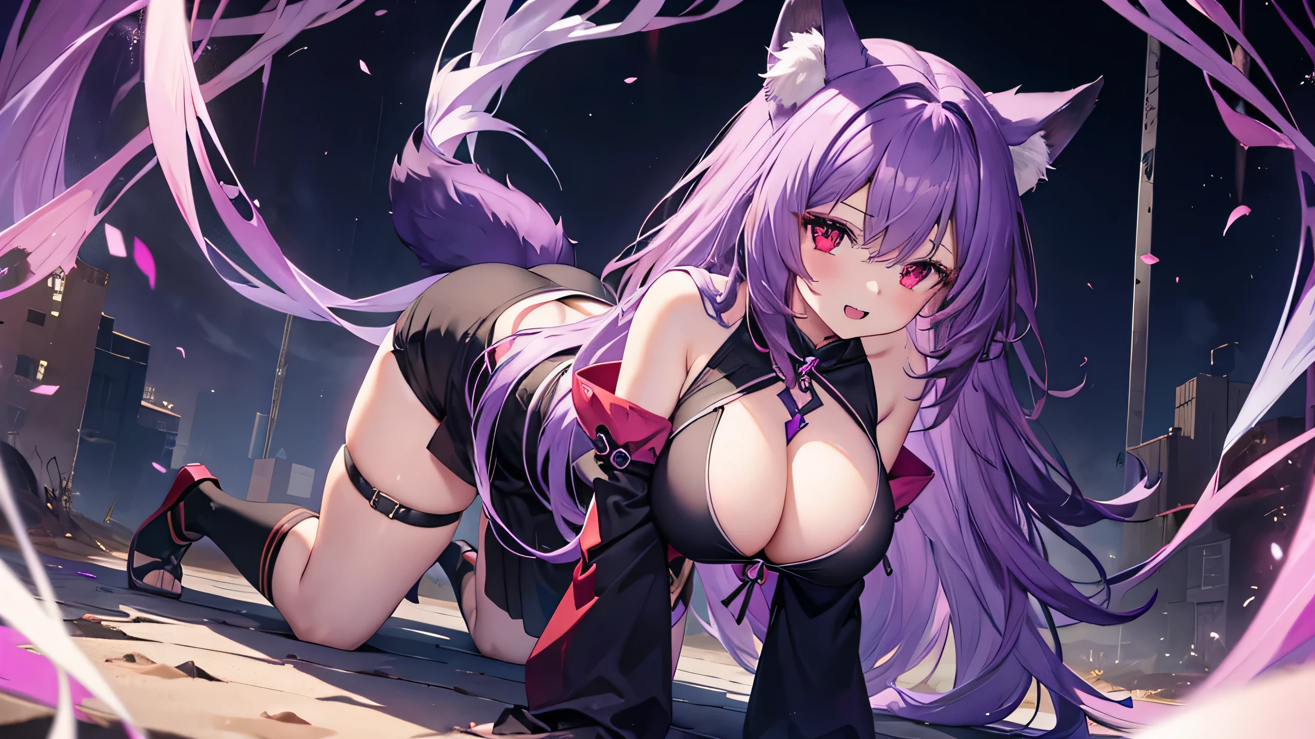 Fox Girl, Large Breasts, voluminous purple hair, masterpiece , Red eyes, hd, Head to Chest, buried in my chest、Underboobs、Double teeth,, On all fours