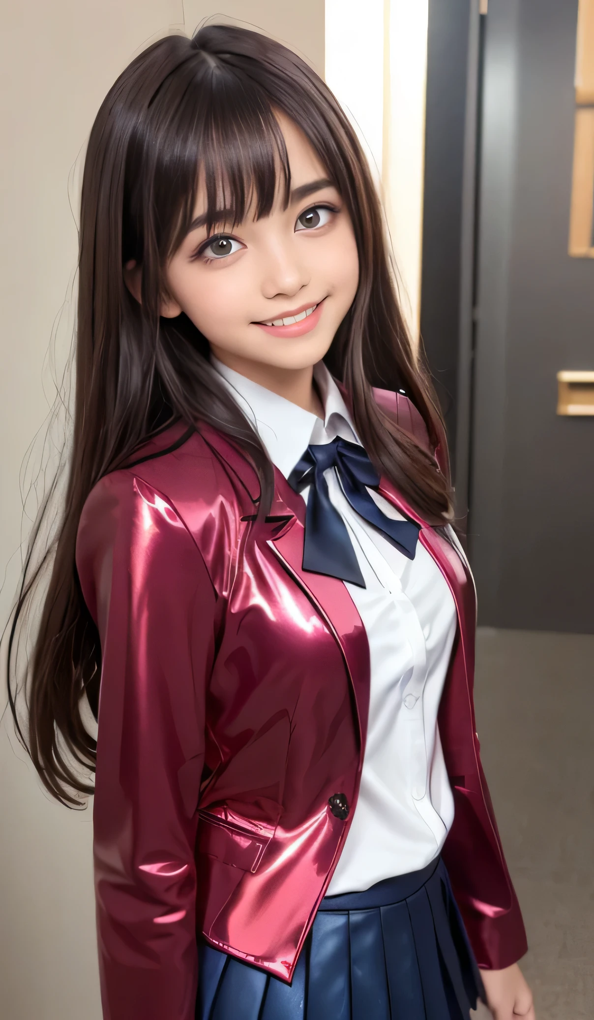Angelic Very beautiful cute young girl, Beautiful detailed eyes, Detailed double eyelids, (Large eyes:1.3), Long straight brown hair, see-through bangs, beautiful detailed face and eyes, small straight nose,(14 yo:1.3),
smiling, BREAK (super shiny metallic dark red blazer:1.4),(metallic pearl white school blouse),(shiny metallic bright pink neck ribbon tie:1.2),(super shiny metallic dark blue pleated skirt :1.3),(school uniform with super reflective surfaces:1.5),(Very beautiful cute girl:1.2), Very beautiful cute young girl, Beautiful detailed eyes, Detailed double eyelids, (Large eyes:1.3), Long straight brown hair, see-through bangs, beautiful detailed face and eyes, laughing, super shiny dark blue pleated skirt:1.1),break  
(Very beautiful cute girl, Beautiful detailed eyes, Detailed double eyelids:1.3), (Soft Saturation: 1.3), (Fair skin: 1.4), (Large eyes:1.4), break  

Very beautiful cute girl, Sharp Focus, brown hair, Very beautiful cute girl, Raw photo, High resolution, perfect detail, Professional Photography, Professional Lighting, strong lighting,
break 
(smile:1.6)