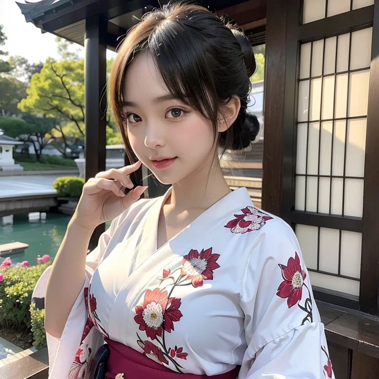 
highest quality, High resolution, (Realistic:1.2), 1 beautiful Japanese girl, Happy smile, High definition eyes, (Large eyes with thick, well-defined double eyelids:1.4), Droopy eyes, Dimples, Black Hair, Updo, Slender body, Small breasts, Traditional Japanese Kimono, Flower pattern kimono, have a smoking pipe, Japanese Shrines, torii, Zen, noon, Bright light, 