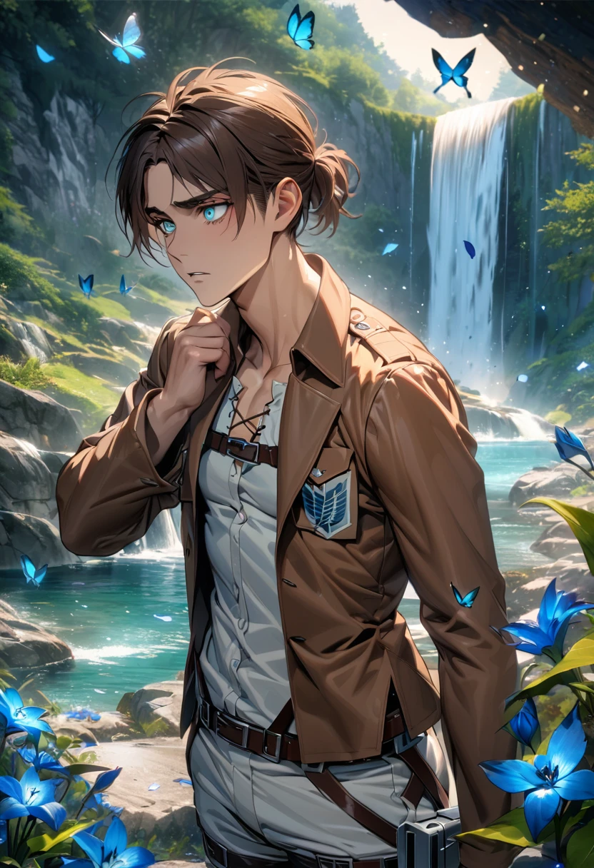 absurdres, highres, ultra detailed, HDR, masterpiece, extremely detailed face and eyes, Eren Yeager, brown hair, expressive turquoise eyes, Shingeki No Kyojin, solo, sexy man, very handsome, waterfall, blue lilies, petals, butterflies, brown jacket, white pants