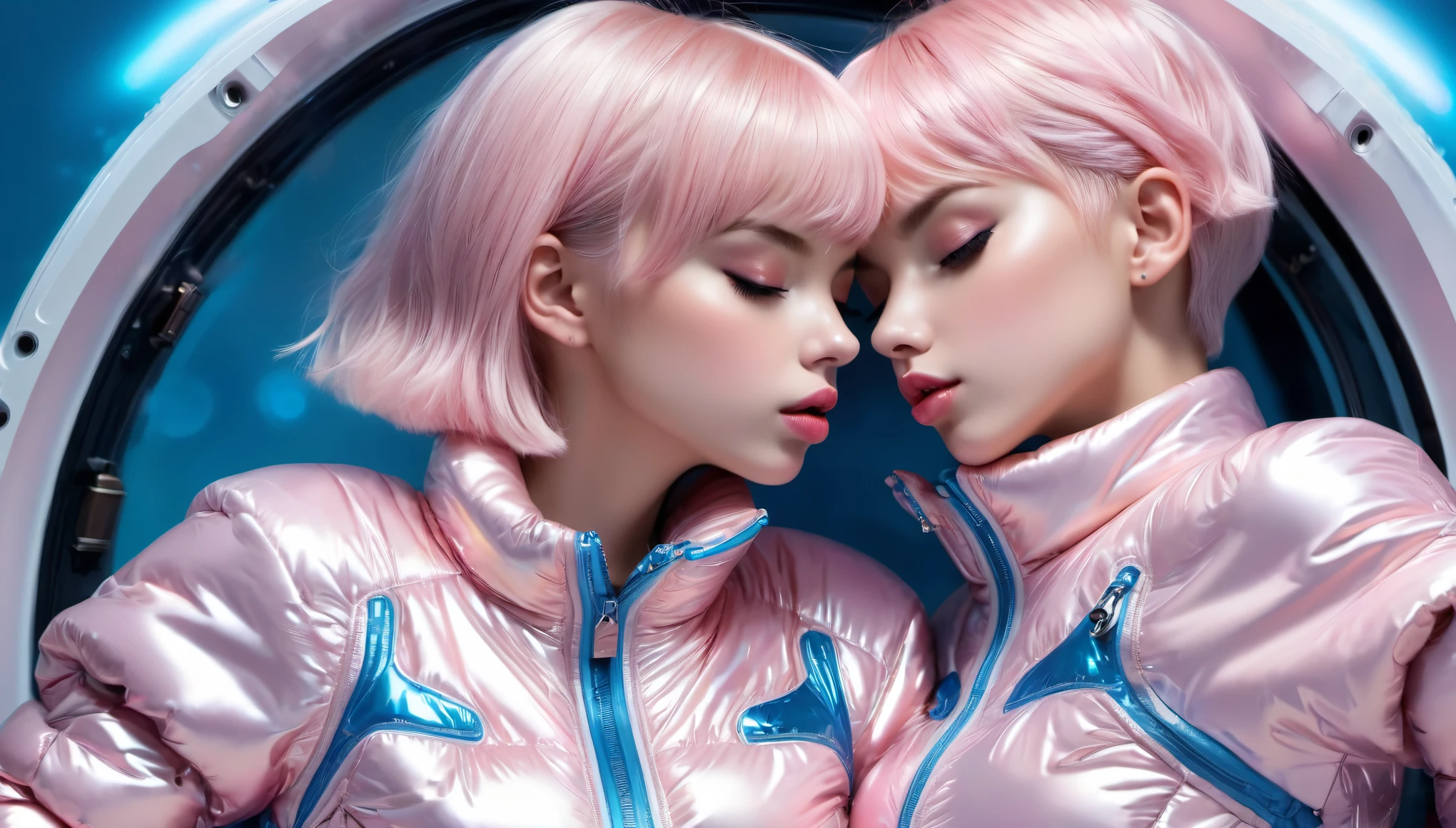 Masterpiece, Best Quality, ((2 cute girls kissing in a light pink blue open shiny puffer, short sleeves, small perky breasts, extremely detailed face, beautiful detailed closed eyes, beautiful detailed lips, pixie side shaved hair, small hips, in a spaceship, wide view))