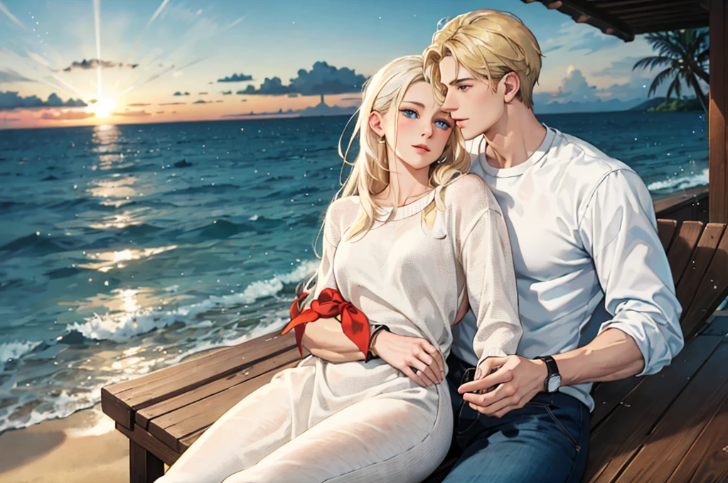 A beautiful tropical beach, an incredibly beautiful sunset. A tall, statuesque, handsome, masculine, manly, athletic adult man is platinum blond, he has tanned skin, blue eyes, perfect facial features, a smooth-shaven face, he has long straight white hair. He is dressed in a white shirt and light jeans, sitting on the shore and hugging an incredibly beautiful graceful delicate young woman sitting next to him-a golden-haired blonde with blue eyes, long golden hair tied with a red ribbon, she is dressed in a light white dress and wrapped in a warm knitted sweater, clinging to him. They are in love with each other. They are happy. Masterpiece, perfect image, realistic pictures, detailed face study, full-length image, 8k, detailed image. an extremely detailed illustration, a real masterpiece of the highest quality, with careful drawing.