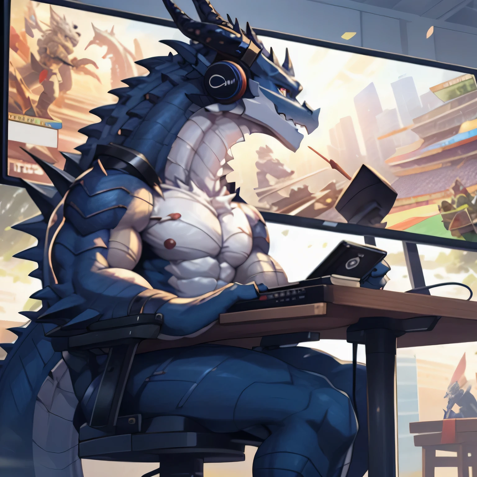 dragon,Anthropomorphic male dragon, Highlight the dragon angle,Highlight his muscular body and sharp claws, Shows chest contours, abdomen, Stretch and elegant, Delicate lace pattern glitters in the light. Keep your eyes on the screen，Playing games with headphones，Sitting at the table，The background is the scene of the e-sports competition。dragon&#39;Tail, Long-lasting and powerful, 他Sitting at the table，Playing games with headphones，Keep your eyes on the screen，Highlighting his charming masculinity. dragon&#39;Keep your eyes on the screen，Playing games with headphones，Sitting at the table，The background is the scene of the e-sports competition。