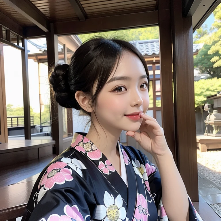 
highest quality, High resolution, (Realistic:1.2), 1 beautiful Japanese girl, Happy smile, High definition eyes, (Large eyes with thick, well-defined double eyelids:1.4), Droopy eyes, Dimples, Black Hair, Updo, Slender body, Small breasts, Traditional Japanese Kimono, Flower pattern kimono, have a smoking pipe, Japanese Shrines, torii, Zen, noon, Bright light, 