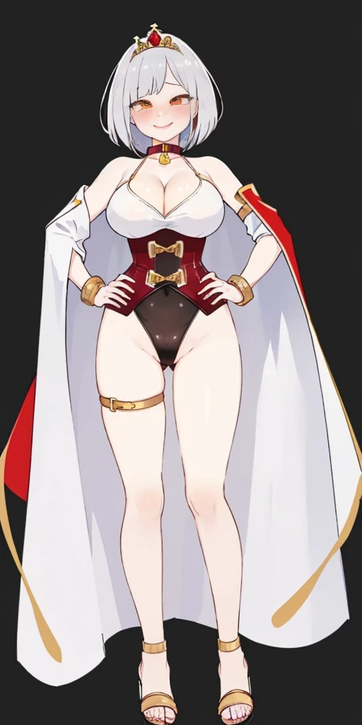 ((BLACK BACKGROUND,1:2, masterpiece)), full body MILF BIMBO standing with two long thighs and two high heels, red eyes, silver white hair, short bob style hair, big breasts, cleavage, separate sleeves, tiara royal, long cape up to two feet, yellow bikini, hands on waist, navel, lustful smirking smiling, smile face (red blushed, red cheeks), metal shoulders, gold sleeveless armbands, black leather choker slave collar, shackle bracelets, slave red crest, full body MILF BIMBO standing with two long thighs and two metal sandals, red eyes, silver white hair, short bob style hair, big breasts, cleavage, separate sleeves, tiara royal, long cape up to two feet, yellow bikini, hands on waist, navel, lustful smirking smiling, smile face (red blushed, red cheeks), metal shoulders, gold sleeveless armbands, black leather choker slave collar, shackle bracelets, slave red crest, pauldrons, breastplate, corset, eye focus, full body, whole body 1solo slave fighter, loincloth standing, hands on hips, metal sandals, backpack, choker, big belt around waist, view from below, feet together, bracers, tiara)