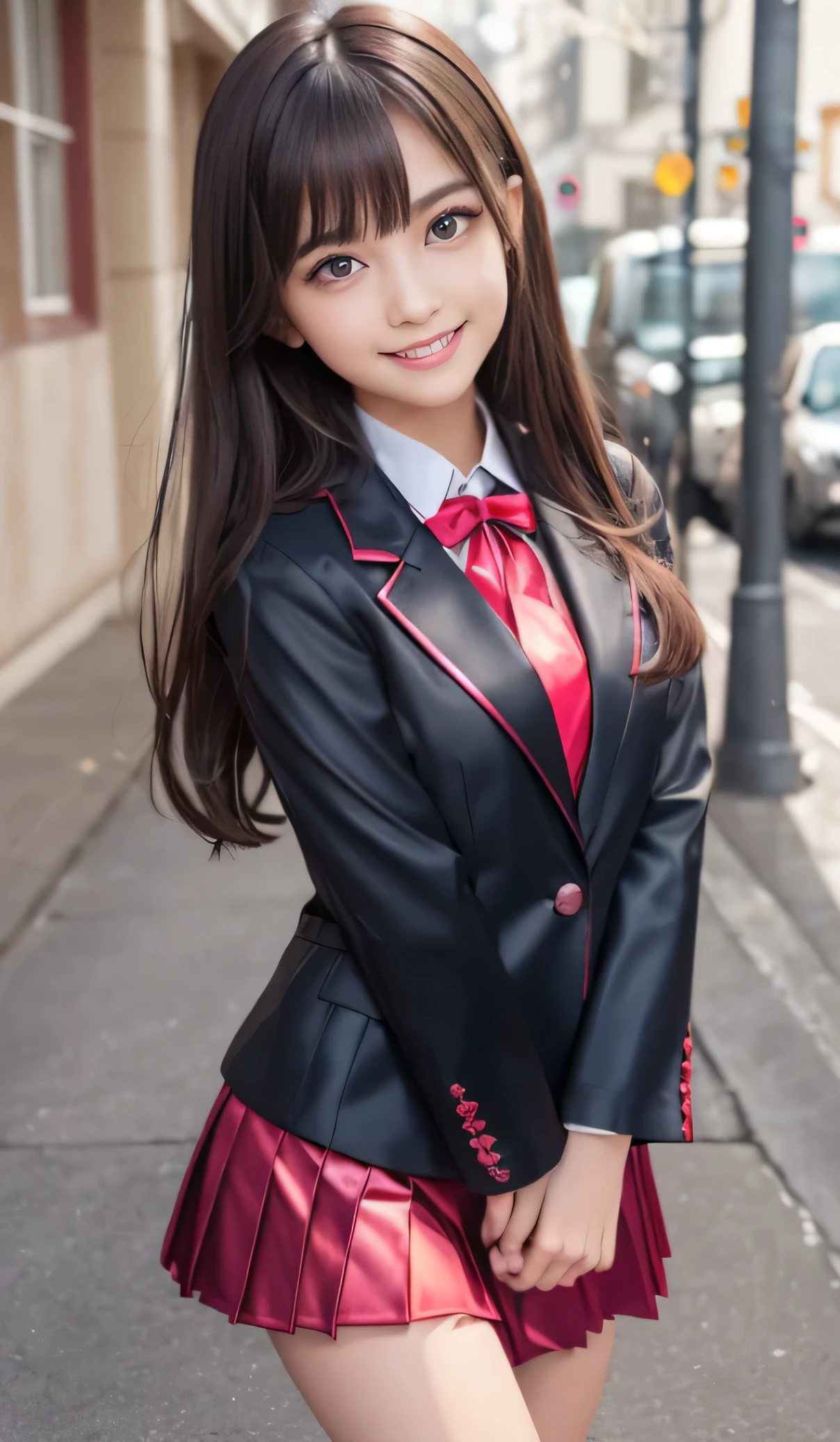 Angelic Very beautiful cute young girl, Beautiful detailed eyes, Detailed double eyelids, (Large eyes:1.3), Long straight brown hair, see-through bangs, beautiful detailed face and eyes, small straight nose,(14 yo:1.3),
smiling, BREAK (super shiny metallic dark red blazer:1.4),(metallic pearl white school blouse),(shiny metallic bright pink neck ribbon tie:1.2),(super shiny metallic dark blue pleated skirt :1.3),(school uniform with super reflective surfaces:1.5),(Very beautiful cute girl:1.2), Very beautiful cute young girl, Beautiful detailed eyes, Detailed double eyelids, (Large eyes:1.3), Long straight brown hair, see-through bangs, beautiful detailed face and eyes, laughing, super shiny dark blue pleated skirt:1.1),break
(Very beautiful cute girl, Beautiful detailed eyes, Detailed double eyelids:1.3), (Soft Saturation: 1.3), (Fair skin: 1.4), (Large eyes:1.4), break
Very beautiful cute girl, Sharp Focus, brown hair, Very beautiful cute girl, Raw photo, High resolution, perfect detail, Professional Photography, Professional Lighting, strong lighting,
break
(smile:1.6)
