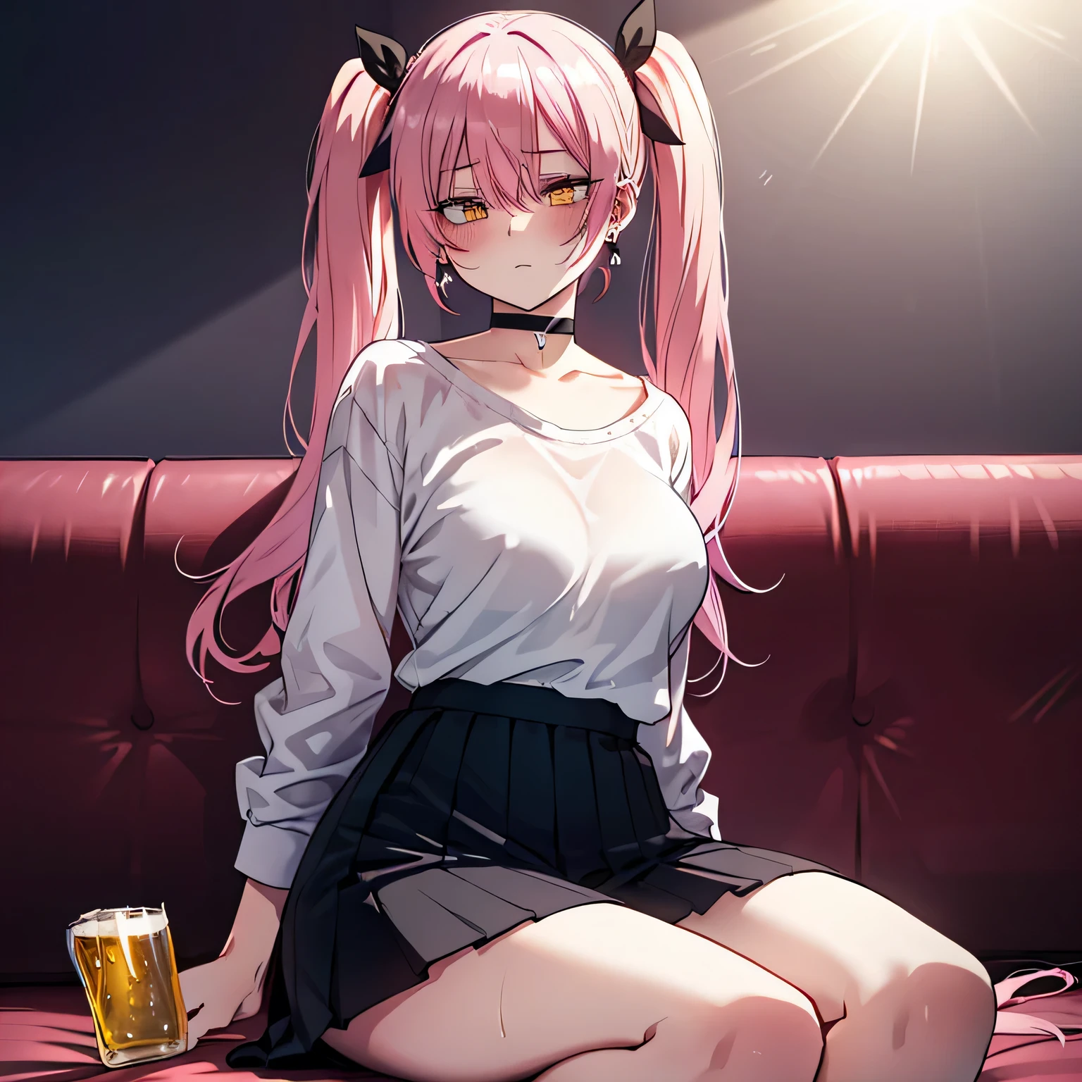 1 girl, yellow eyes, Twintails hair, long hair, pink hair, medium breasts, medium ass, Bobby pins, choker, bored facial, earrings, short skirt, white shirt almost falling off, sitting on a sofa, lazy, relaxed, sleepy face , bored, drinking beer, blushing from drinking, blurred background, ultra detailed, 8K wallpaper, reflection light, ray tracing, realistic