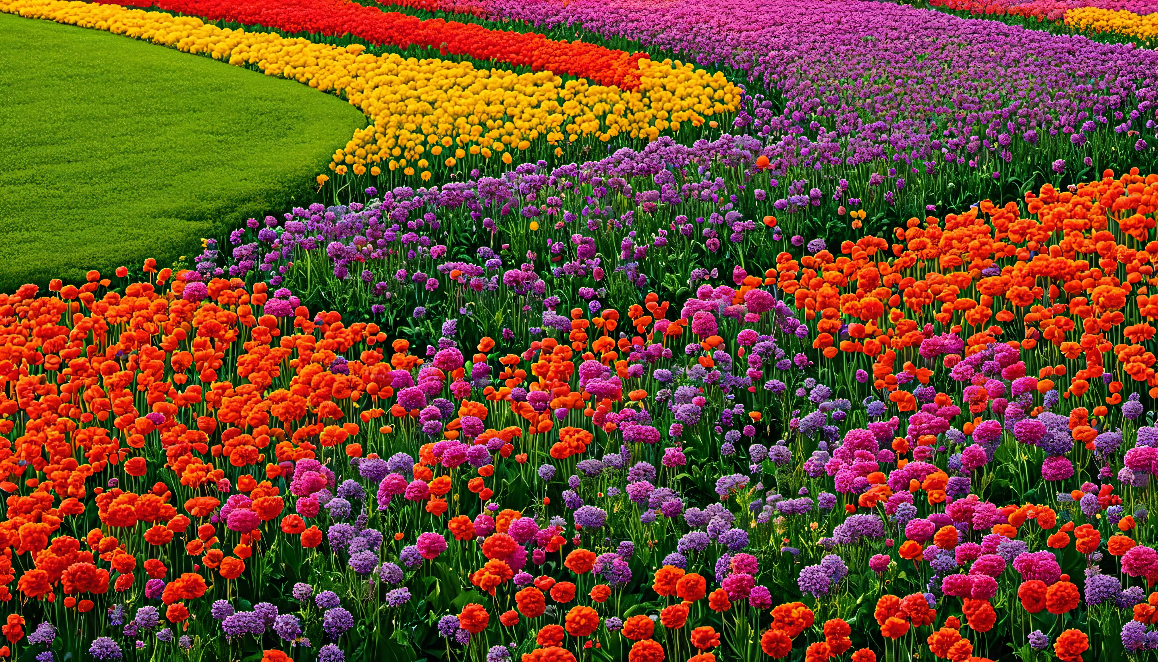 a magnificent art with a background of flowers starting from the ground each time it goes up and the flowers change color and size the style of the art is surreal