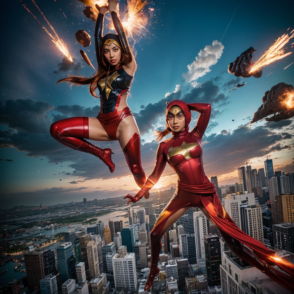 Create a dynamic and action-packed photomanipulation reminiscent of Marvel superhero movies. Feature the Malay girl in hijab showcasing her unique superpowers in a cityscape, surrounded by vivid colors and high-energy effects. The girl is fully naked except the hijab