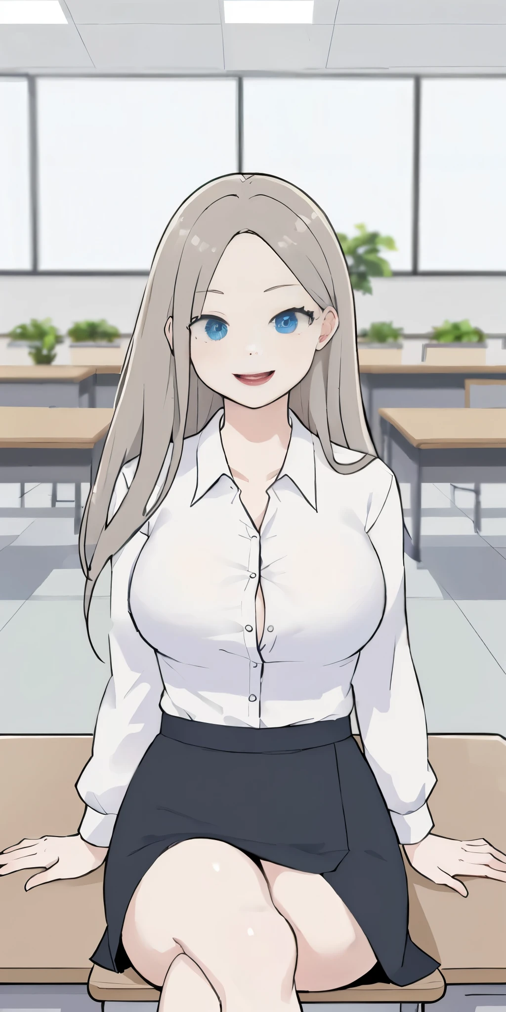 (Mia Cha (Secret Class):LORA) ((Best Quality, 8k, Masterpiecedetails, ultra-high resolution)), (group picture),(looking at the viewer), (full shot:), attractive business 5 milfs, 5 people, a bit chubby:0.25, seductive expression, white collared shirt, grey skirt, (sitting with cross legs on office desks)), smile, office of CEO