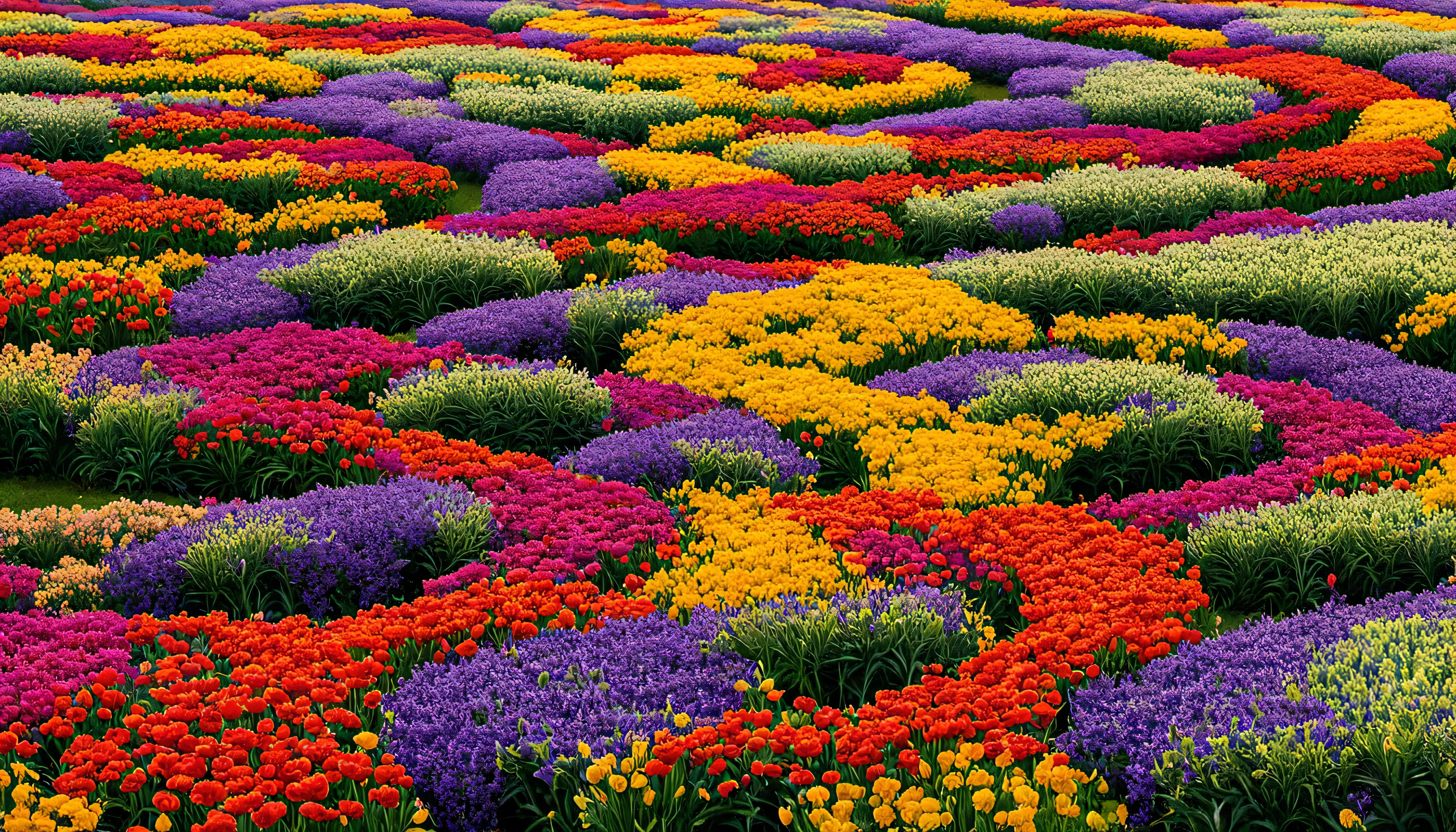 a magnificent art with a background of flowers starting from the ground each time it goes up and the flowers change color and size the style of the art is surreal