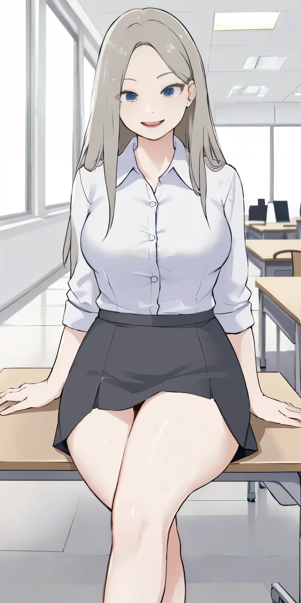 (Mia Cha (Secret Class):LORA) ((Best Quality, 8k, Masterpiecedetails, ultra-high resolution)), (group picture),(looking at the viewer), (full shot:), attractive business 5 milfs, 5 people, a bit chubby:0.25, seductive expression, white collared shirt, grey skirt, (sitting with cross legs on office desks)), smile, office of CEO