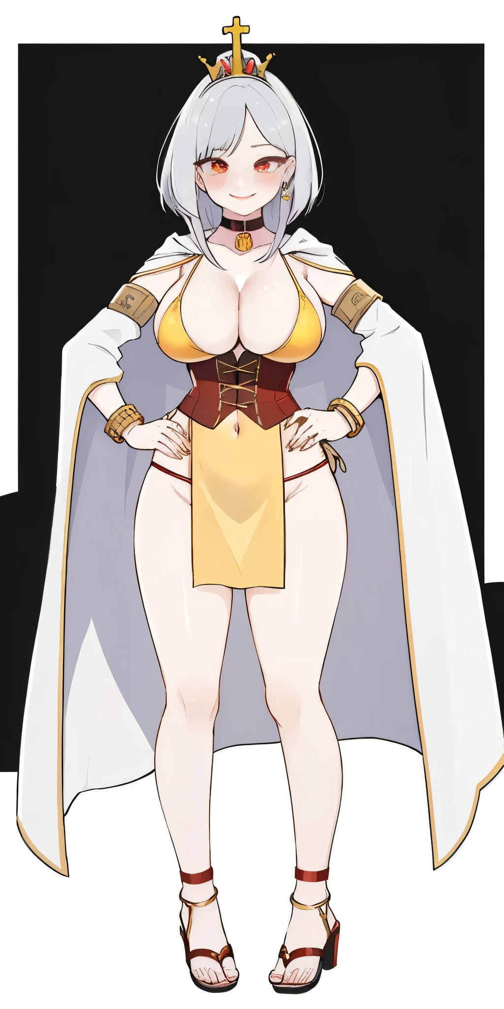 ((BLACK BACKGROUND,1:2, masterpiece)), full body MILF BIMBO standing with two long thighs and two high heels, red eyes, silver white hair, short bob style hair, big breasts, cleavage, separate sleeves, tiara royal, long cape up to two feet, yellow bikini, hands on waist, navel, lustful smirking smiling, smile face (red blushed, red cheeks), metal shoulders, gold sleeveless armbands, black leather choker slave collar, shackle bracelets, slave red crest, full body MILF BIMBO standing with two long thighs and two metal sandals, red eyes, silver white hair, short bob style hair, big breasts, cleavage, separate sleeves, tiara royal, long cape up to two feet, yellow bikini, hands on waist, navel, lustful smirking smiling, smile face (red blushed, red cheeks), metal shoulders, gold sleeveless armbands, black leather choker slave collar, shackle bracelets, slave red crest, pauldrons, breastplate, corset, eye focus, full body, whole body 1solo slave fighter, loincloth standing, hands on hips, metal sandals, backpack, choker, big belt around waist, view from below, feet together, bracers, tiara)