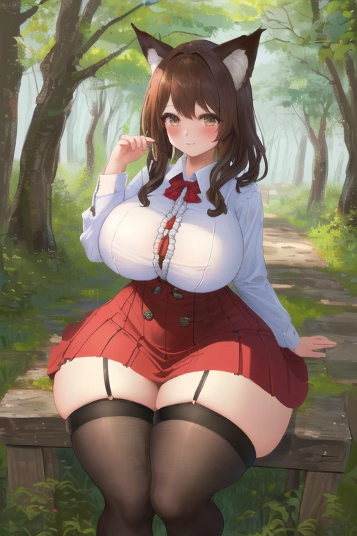 masterpiece, best quality, 1girl, forest, brown hair, long hair, fox ears, brown eyes, cute, blushing, (medieval villager clothes, medieval buttoned dress shirt, medieval frilled skirt, medieval stockings:1.4), (slim waist, curvy, gigantic breasts, bursting breasts, button gap, wide hips, huge thighs, bottomheavy:1.2)