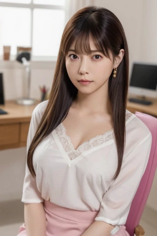 (Tight blouse(white:1.2), Tight micro mini skirt(Pink:1.2)), ((highest quality, 16k, Super detailed、Ultra-high resolution、From head to thighs: 1.3, RAW Photos)), Sharp focus: 1.2, (1. AESPA Girl :1.1), (alone: 1.1), (Realistic, Realistic: 1.37), (Face Focus: 1.1), beautiful girl、Anatomically correct proportions、Cute face, Super detailedな顔, Long, messy hair, Updo,High Ponytail、Wide open chest、Small breasts、Flat Chest、A slight swelling、Voluptuous thighs、(Dolly Makeup:1.1)、office、sitting on a chair、Operating a computer、