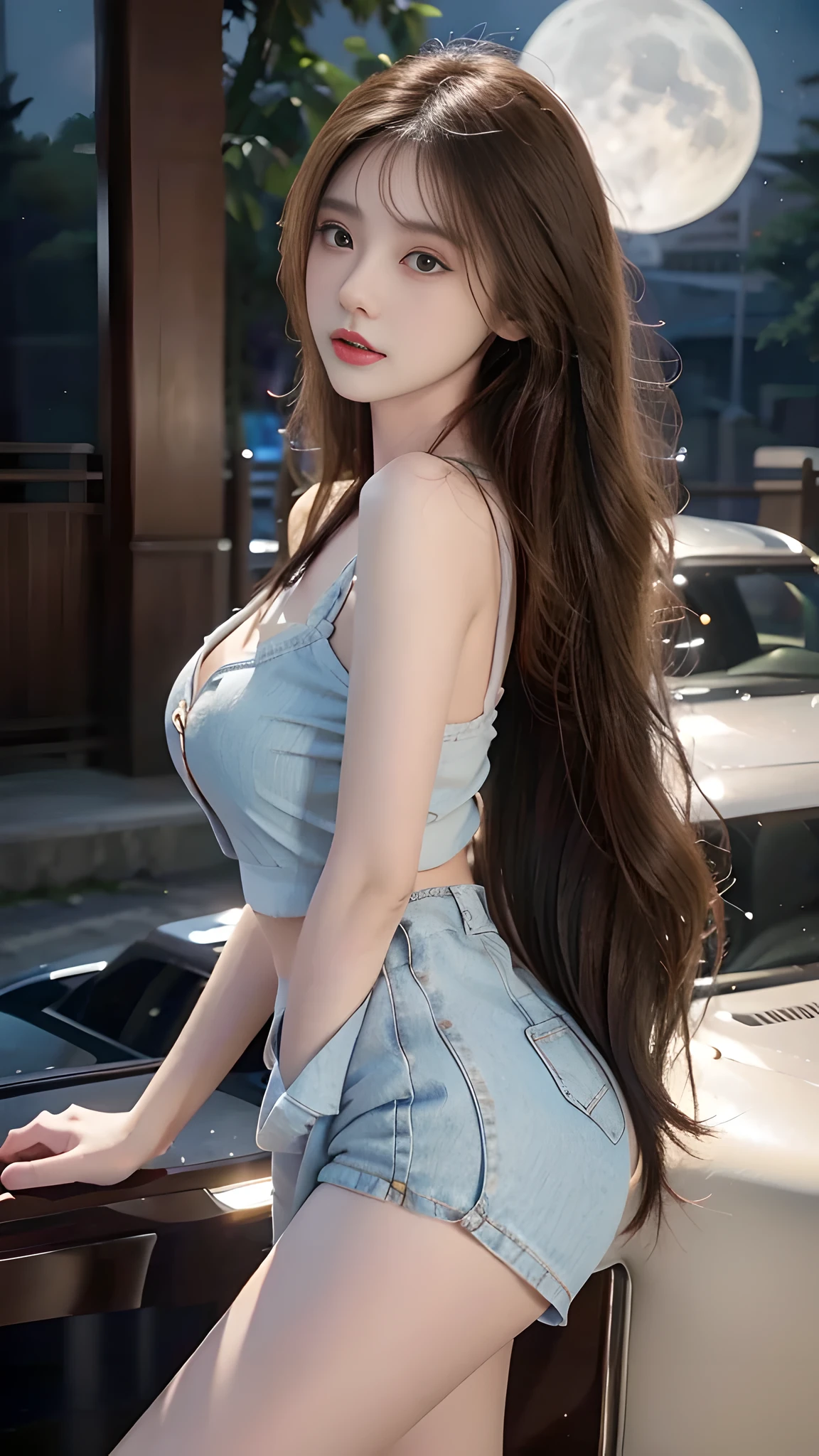 full hd 8k, Girl standing in front of a dark night scene, full moonlight reflecting on her beautiful face. Her long, silky hair was gently blown by the night wind, creating a gentle and romantic feeling. Next to her is a large displacement motorbike, showing her success and class. She looked up at the starry sky, as if searching for something, her eyes showing thoughtfulness and loneliness. The full moon shines in the night sky creating a beautiful scene. The girl has long, silky hair, creating a luxurious and noble beauty. The moonlight shines on the girl's delicate face, highlighting her large, round light brown eyes, creating a natural, gentle beauty. She wore a shirt and short jeans, showing off her seductive and luxurious beauty. Her plumble breasts were exposed, revealing her plumble and extremely sexy breasts. These images capture detailed panoramic portraits and views of the sky and motorcycles. All create a beautiful, wonderful picture that makes people unable to take their eyes off the scene. All of these details are depicted clearly and sharply,